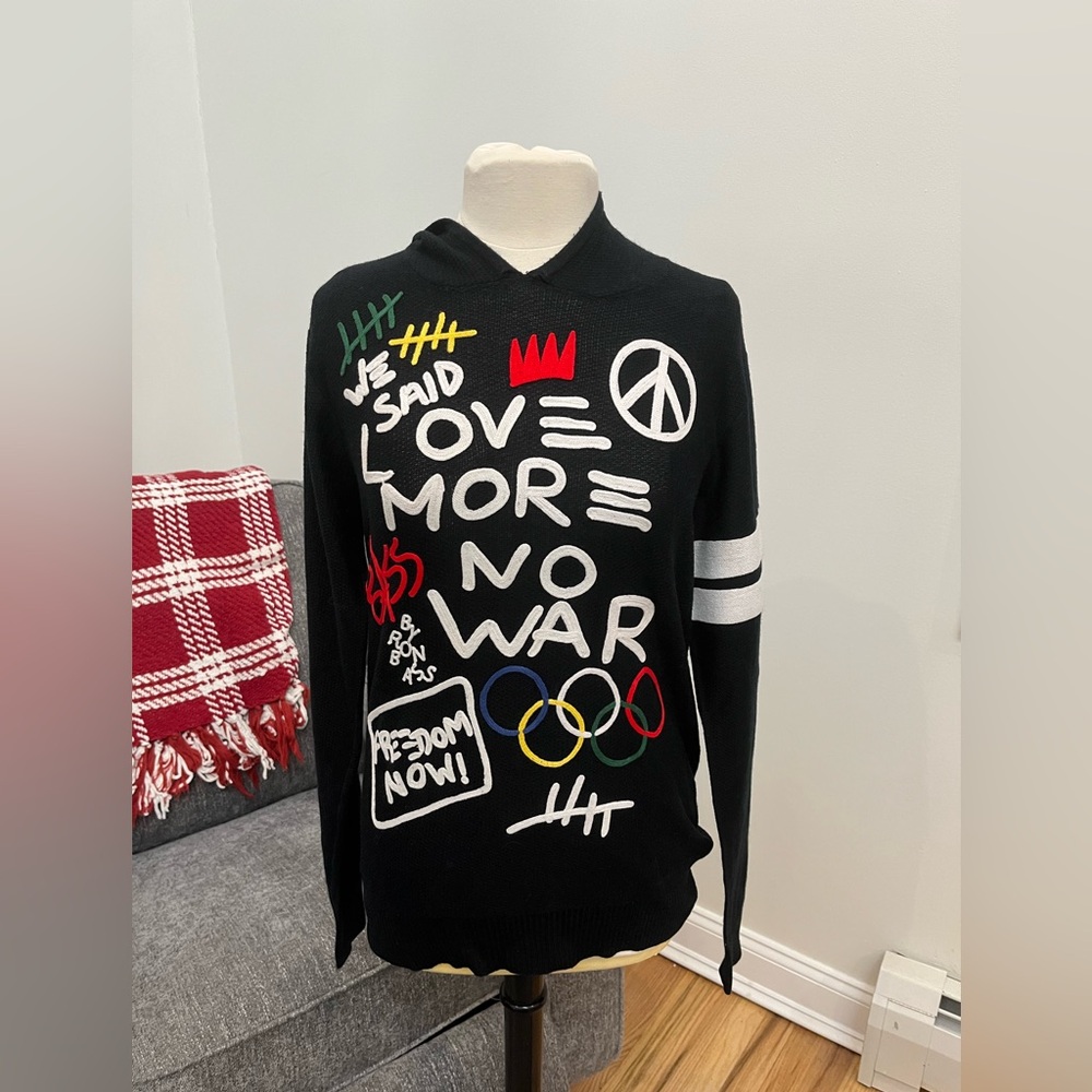Rare RON BASS Hooded Black Sweater‎ Embroider Graffiti Olympics No War